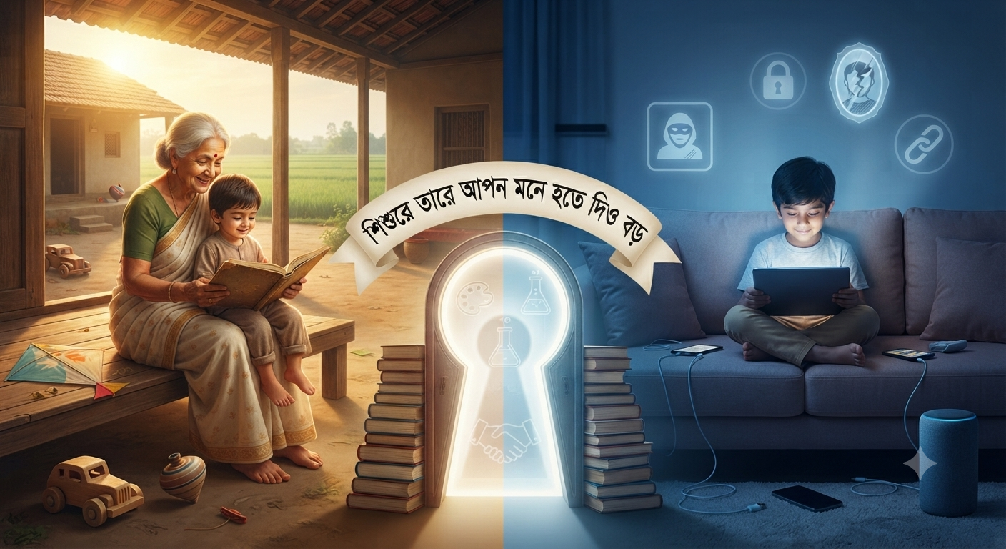 একসময় সন্ধ্যা নামলেই মায়ের ডাকে মাঠের খেলা ফেলে ঘরে ফেরার দিন ছিল। আজ সেই শৈশবের বড় একটি অংশ বন্দি পাঁচ-ছির ইঞ্চির স্ক্রিনে। ছবিটি এআই নির্মিত